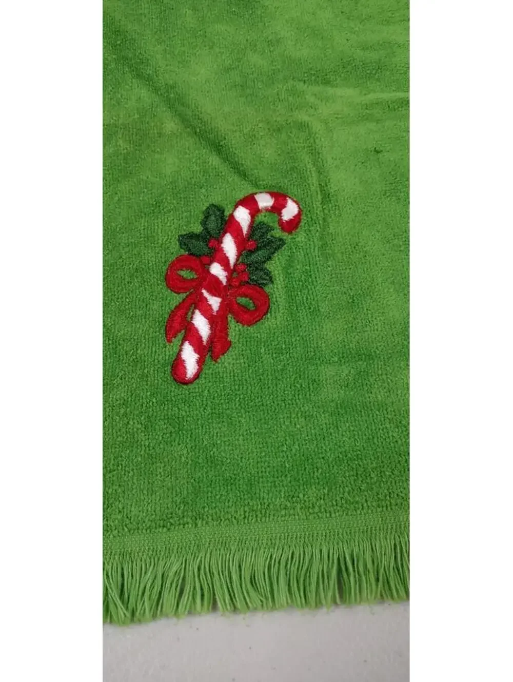 VINTAGE Christmas Towel Fieldcrest CANDY CANE EMBROIDER 1970s Holiday Neon green